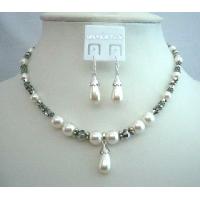 Genuine Swarovski Jewelry w/ White Pearls & Volcano Crystals Necklace Set & Bali Silver