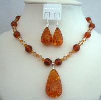 Evening Jewelry Party Jewelry Genuine Swarovski Topaz Crystals Necklace Set w/ Amber Pendant 