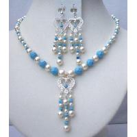 Turquoise & Cream Pearls Sterling Silver Jewelry Genuine Swarovski Pearls Turquoise & AB Turquoise Beads Necklace & Earrings