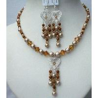 Powder Almond Swarovski Pearls Sterling Silver Pendant & Earrings w/ Genuine Swarovski Copper Crystals & Goldstone Beads