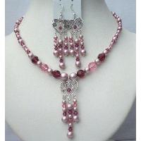 Sterling Silver Swarovski Pearls & Crystals Jewelry Rose Powder Pearls Rose Pink & Fuschia Crystals Necklace & Earrings 