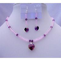 Amethyst Crystals Heart Pendant & Earrings Genuine Swarovski Amethyst Beaded Jewelry w/ Heart Pendant And Earrings