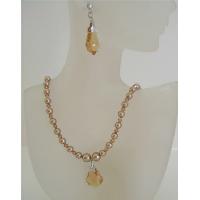 Golden Shadow Crysta Swarovski Crystals & BronZe Pearls Jewelry Set w/ Barque Pendant & Earrings