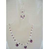 Amethyst Crystals Heart Jewelry Set Swarovski Amethyst and Cream Pearls Necklace Set w/ Sterling Silver Earrings