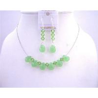 Peridot Quartz Glass Beads w/ Swarovski Peridot Crystals Bridal Bridemaids Jewelry Set  
