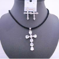 Clear Crystals Cross Pendant In Black Chord w/ Cross Earrings Jewelry Set   