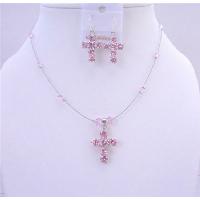 Cross Pendant Earrings Jewelry Set Genuine Swarovski Rosaline Crystals Beads Necklace Set   