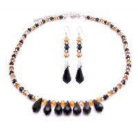 Copper And Jet Black Swarovski Crystals 5mm Jewelry Set w/ Bali Silver Spacer & Jet 7 Teardrop Round The Neck Necklace Set 