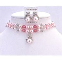 Bridal Jewelry Artisan Creation Double Stranded Rose Pearls & Crystals Necklace SEt