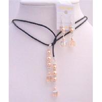 Wedding Peach Dress Match Peach Crystals Peach Pearls Leather Lariat Necklace & Sterling Earrings Set 