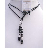 Black Pearls Crystals Leather Lariat Necklace & Jet Crystals Necklace Set