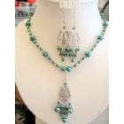 Swarovski Crystals Erinite Green FreshWater Pearls Necklace Set Handcrafted Custom Jewelry