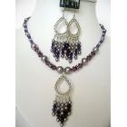 Swarovski Purple Pearls & Amethyst Crystals w/ Dangling Pendants Necklace Set