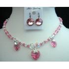Handcrafted AB Crystals & Rose AB Swarovski Crystals Heart Pendant Necklace Set