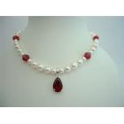 Wedding Necklace Swarovski Cream Pearls & Siam Red Crystals w/ Pendant Handcrafted