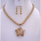 Golden Tone Necklace Set Golden Pearls & Topaz Crystals w/ Flower Pendant
