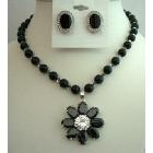 Mystic Swarovski Black Pearls Necklace Flower Pendant & Onyx Earrings