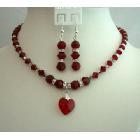 Bridal & Bridesmaid Jewelry Red Crystals Heart Pendant Necklace Set Swarovski Siam Red Crystals Jewelry