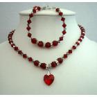 Elegant Necklace & Bracelet Swarovski Siam Red Crystals w/Heart Pendant Necklace & Bracelet Handmade
