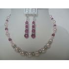 Beautiful Necklace Set Swarovski Rosaline Pearls & Fuchsia Crystals w/ Silver Rondells