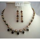 Expresso Color Necklace Set Swarovski Bronze Pearls & Smoked Crystals w/ Rondells & Heart Pendant