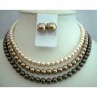 Handcrafted 3 Strands Pearls Necklace Swarovski Pearls Necklace Set