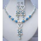 Turquoise & Cream Swarovski Pearls AB Turquoise Bead Necklace Earrings