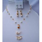 Topaz Crystals Necklace w/ Freshwater Pearls Tassel & Swarovski Topz Crystals Necklace Set