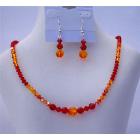 Swarovski Crystals Necklace Set w/ Siam Red & Fire Opal Crystals Sterling Silver Earrings