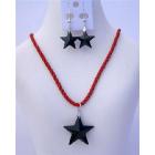 Swarovski Crystals Jet 20mm Faceted Star Pendant Necklace & Earring Set Red Chord