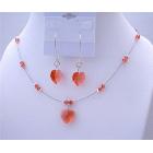 Padparadscha Crystals Crystals Heart Necklace Set w/ Sterling Silver Hoop Heart Dangling