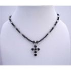 Black Cross Pendant Swarovski Jet & Black Diamond Crystals Necklace