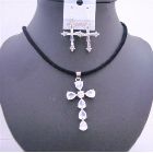 Clear Crystals Cross Pendant Black Chord w/ Cross Earrings Jewelry Set