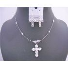 Clear Crystals Cross Pendant Necklace Set w/ Cross Earrings Sterling Silver Wire Jewelry Set