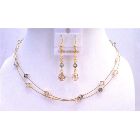 TriColor Crystals Golden Wire Round Necklace Golden Shadow Jewelry Set
