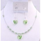 Valentine Crystals Jewelry Set Affordable Swarovski Peridot Crystals Heart Pendant & Dangling Earrings IN Sterling Silver HOop Jewelry Set