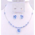 Very Sleek Heart Jewelry In Lite Sapphire Crystals Heart Pendant and Heart Dangling Earrings Exclusively Valentine Gift Lite Sapphire Crystals Heart Pendant Earrings Set