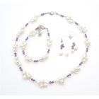 Handcrafted Austrian Crystals Amethyst & Freshwater Pearls Necklace Set