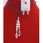 Clear Cube Crystals White Pearls Lariat Necklace & Sterling Earrings