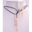 Wedding Peach Dress Match Peach Crystals Peach Pearls Leather Lariat Necklace & Sterling Earrings Set