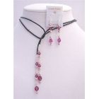 Beautiful Leather Lariat Powder Rose Pearls Fuchsia Crystals & Sterling Earrings Set