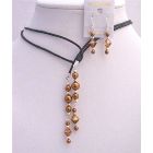Copper Dress Leather Lariat Copper Pearls Crystals Necklace & Earrings