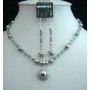 Grey Tone Handcrafted Genuine Swarovski Grey Pearl & Crystals Pendant Necklace & Earrings