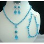 Handcrafted Necklace Set with Bracelet in Genuine Swarovski In Aquamarine & Turquoise Crystal