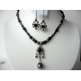 Handcrafted Pearl Jewelry Pendant Necklace Set Genuine Mystic & Dark Grey Pearl w/ Jet Crystals