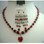 Chandelier Earrings & Siam Red Crystals Necklace Heart Pendant