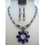 Fine Jewelry Genuine Tanzanite Crystals & Pearl Necklace & Earrings w/ Flower Pendant 