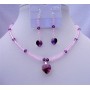 Amethyst Crystal Heart Pendant & Earrings Genuine Swarovski Amethyst Beaded Jewelry w/ Heart Pendant And Earrings