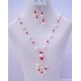 White Pearls Gernuine Swarovski Siam Red Crystals Tassel Drop Necklace