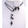 Leather Lariat Necklace & Necklace Black Briollete Clear Crystals Set